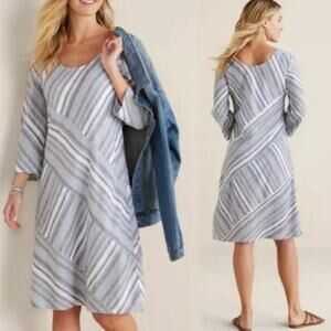 SOFT SURROUNDINGS Sonya Blue Striped Linen Dress Pockets Coastal Size L PETITE